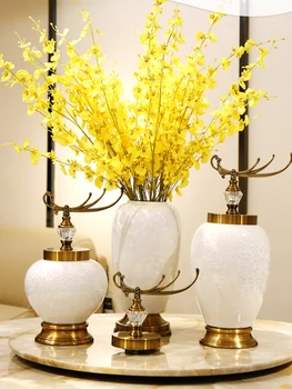 Белая ваза, Керамическая ваза с цветочной композицией, украшение винного шкафа, Обеденный стол, украшение для гостиной, набор искусственных цветов