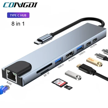 Концентратор USB C Type-C до 4K HDMI-совместимый адаптер RJ45 для зарядки PD, устройство чтения карт SD/ TF, док-станция для MacBook Air Pro PC HUB